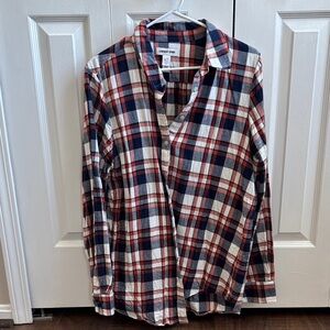 Lands' End Women’s Orange and Blue Plaid Flannel Shirt, Large Tall